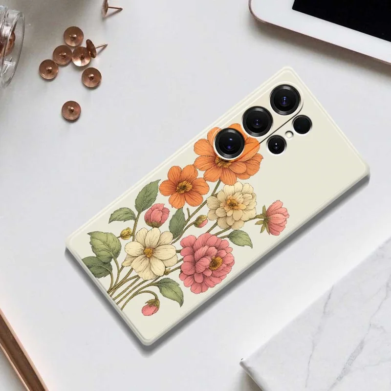 Für Samsung Galaxy S25 Ultra Hülle Schöne Blumen Muster Bedrucken Gerade Kante TPU Handy Rückseite Abdeckung - Beige