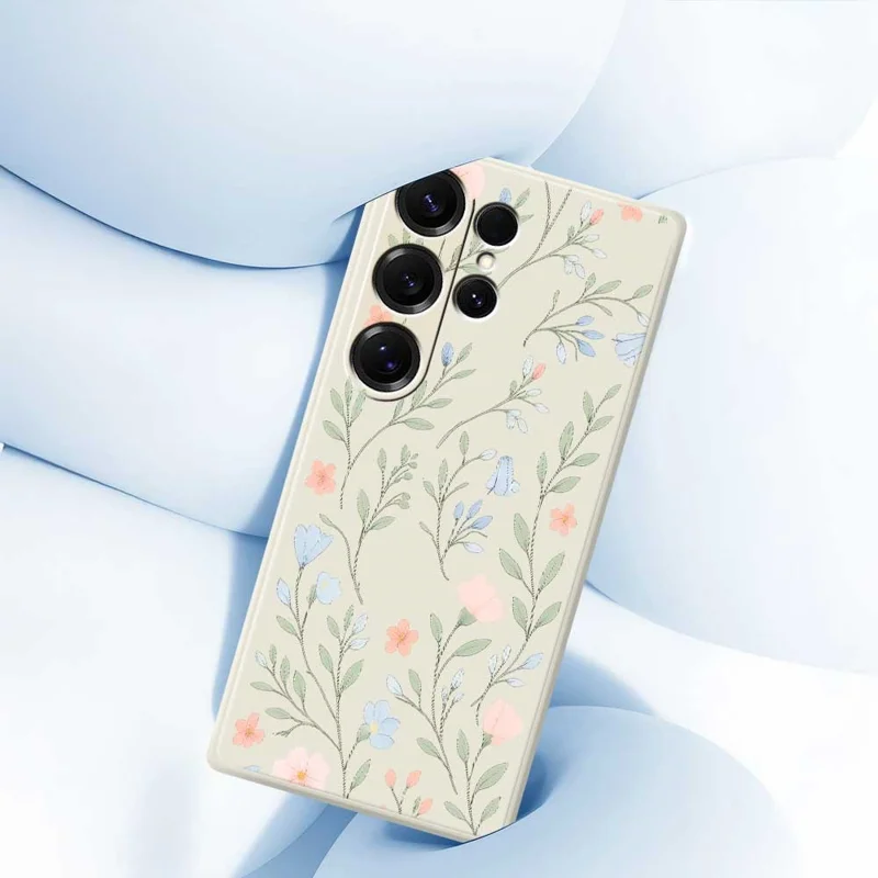 Чехол для Samsung Galaxy S25 Ultra с рисунком розовых и голубых цветов, с прямыми краями, из ТПУ, для задней панели телефона - Бежевый