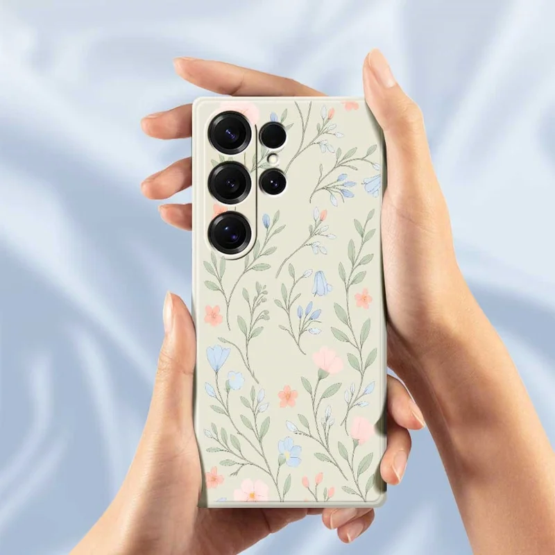Чехол для Samsung Galaxy S25 Ultra с рисунком розовых и голубых цветов, с прямыми краями, из ТПУ, для задней панели телефона - Бежевый