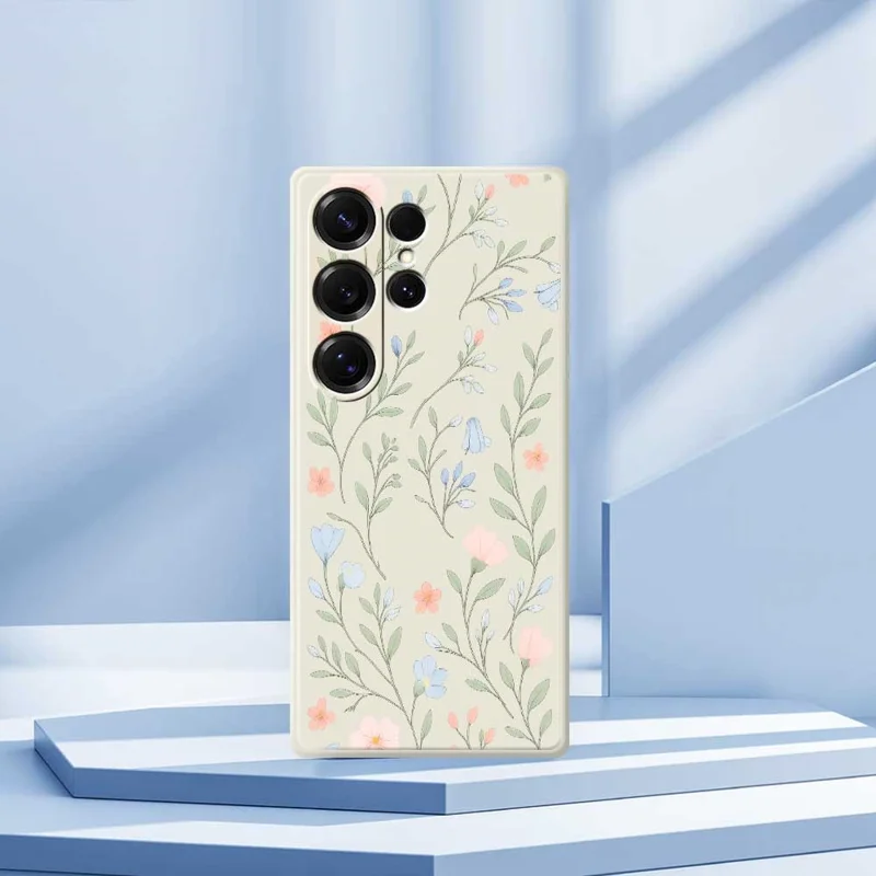 Чехол для Samsung Galaxy S25 Ultra с рисунком розовых и голубых цветов, с прямыми краями, из ТПУ, для задней панели телефона - Бежевый