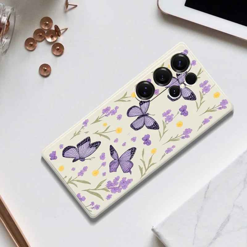 Étui Samsung Galaxy S25 Ultra Motif Papillons Violets Impression Bord Droit TPU Coque Arrière de Téléphone - Beige