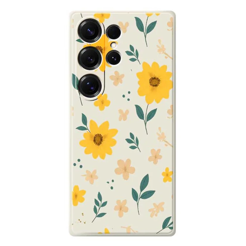 Funda para Samsung Galaxy S25 Ultra con Estampado de Flores Amarillas y Hojas, Borde Recto, Carcasa Trasera de TPU - Beige