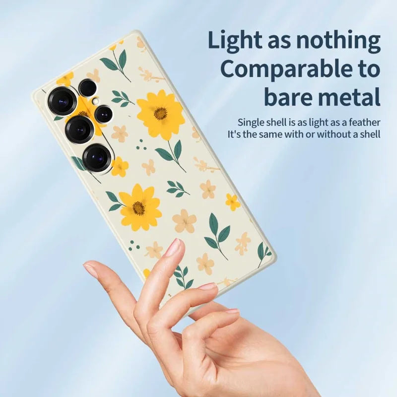 Funda para Samsung Galaxy S25 Ultra con Estampado de Flores Amarillas y Hojas, Borde Recto, Carcasa Trasera de TPU - Beige
