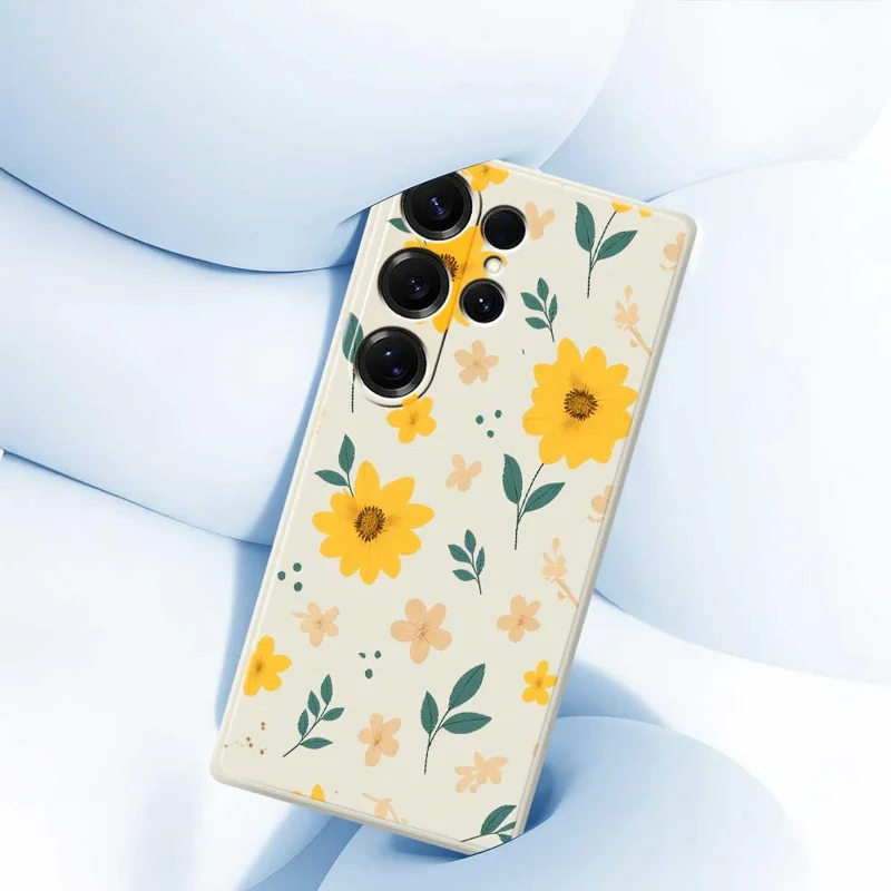 Funda para Samsung Galaxy S25 Ultra con Estampado de Flores Amarillas y Hojas, Borde Recto, Carcasa Trasera de TPU - Beige
