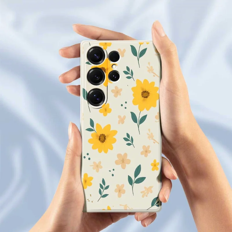 Funda para Samsung Galaxy S25 Ultra con Estampado de Flores Amarillas y Hojas, Borde Recto, Carcasa Trasera de TPU - Beige