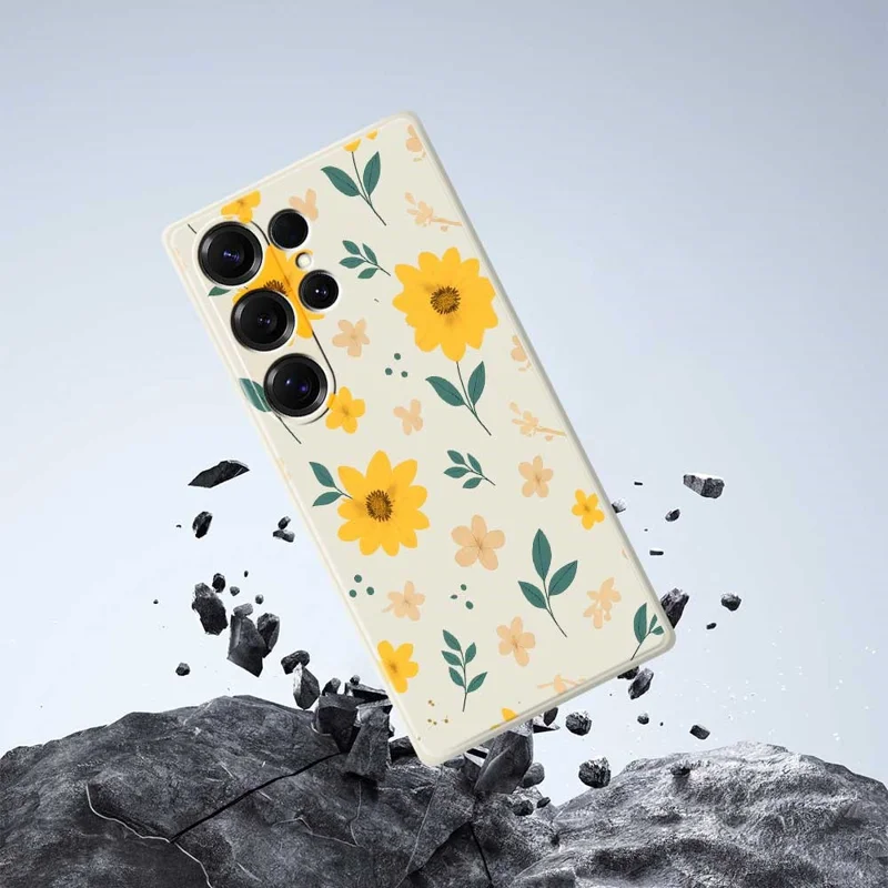Funda para Samsung Galaxy S25 Ultra con Estampado de Flores Amarillas y Hojas, Borde Recto, Carcasa Trasera de TPU - Beige
