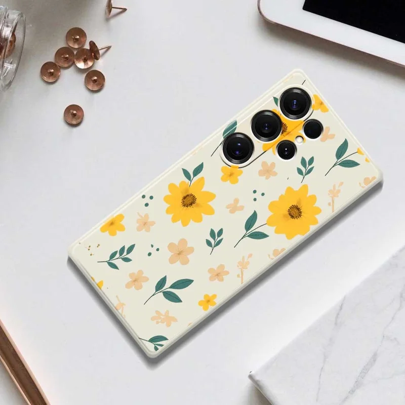 Funda para Samsung Galaxy S25 Ultra con Estampado de Flores Amarillas y Hojas, Borde Recto, Carcasa Trasera de TPU - Beige