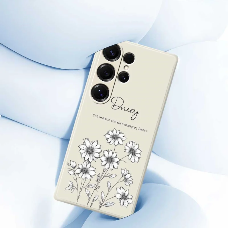 For Samsung Galaxy S25 Ultra Case Sketch Flowers Pattern Printing Straight Edge TPU Phone Back Cover - Beige