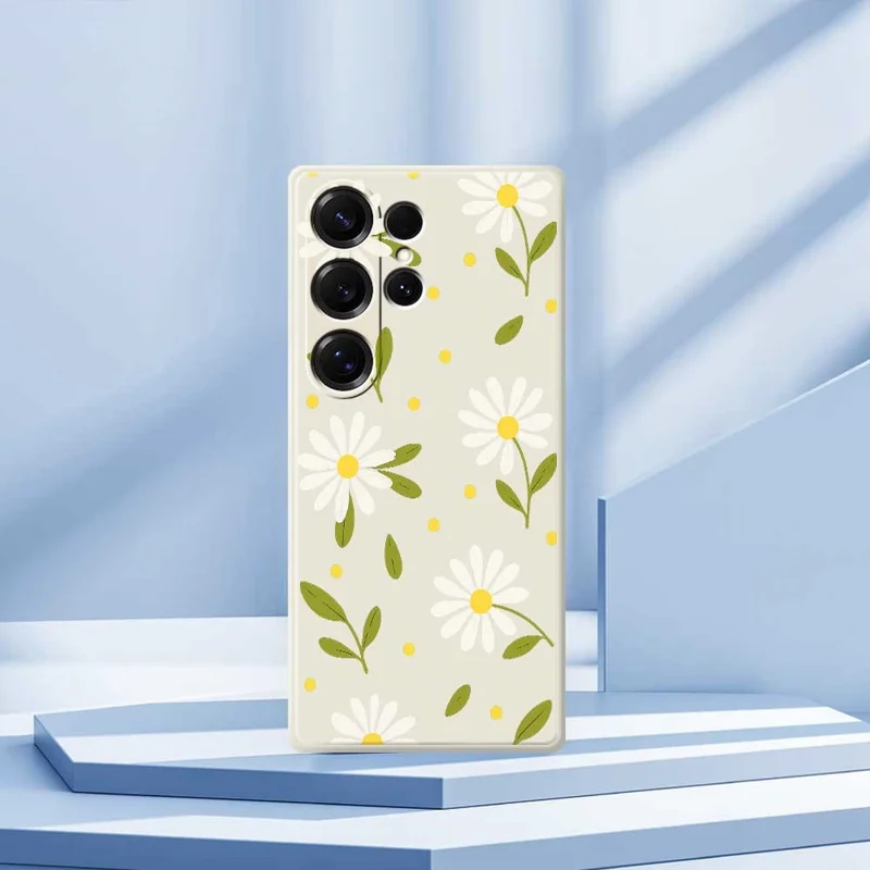 Funda Para Samsung Galaxy S25 Ultra Blanco Flores Hojas Verdes Patrón Impresión Borde Recto TPU Cubierta Trasera del Teléfono - Beige