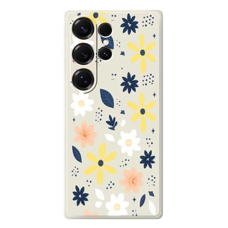 For Samsung Galaxy S25 Ultra Case Colorful Floral Blue Leaves Pattern Printing Straight Edge TPU Phone Back Cover - Beige