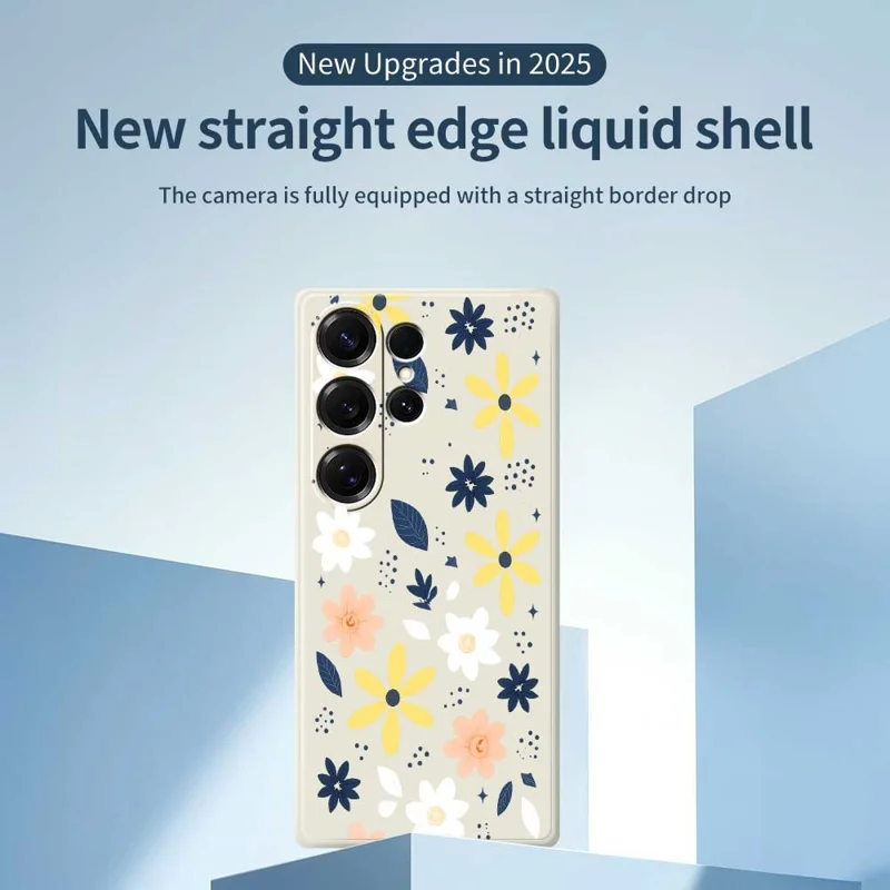 For Samsung Galaxy S25 Ultra Case Colorful Floral Blue Leaves Pattern Printing Straight Edge TPU Phone Back Cover - Beige