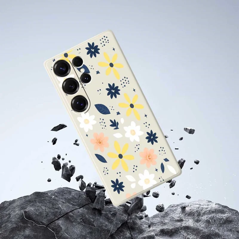 For Samsung Galaxy S25 Ultra Case Colorful Floral Blue Leaves Pattern Printing Straight Edge TPU Phone Back Cover - Beige