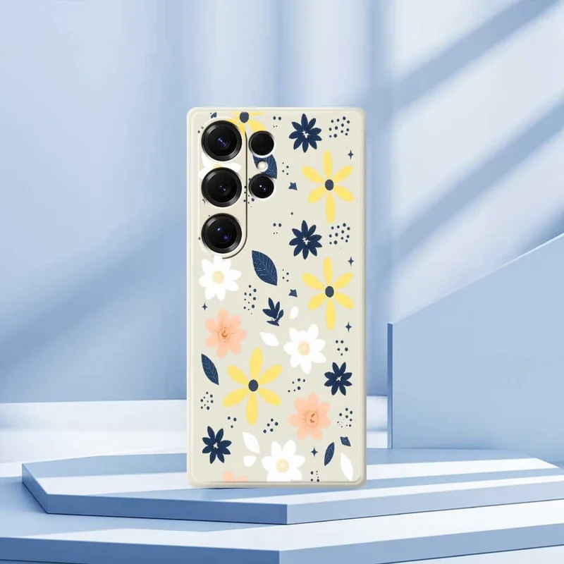 For Samsung Galaxy S25 Ultra Case Colorful Floral Blue Leaves Pattern Printing Straight Edge TPU Phone Back Cover - Beige