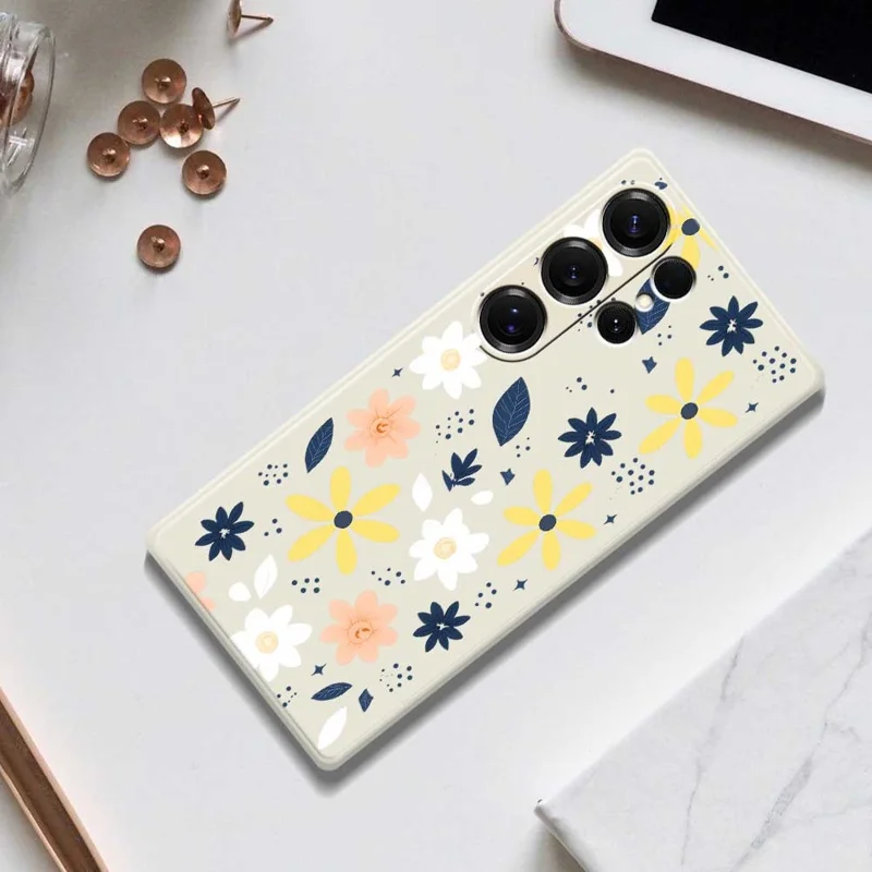 For Samsung Galaxy S25 Ultra Case Colorful Floral Blue Leaves Pattern Printing Straight Edge TPU Phone Back Cover - Beige