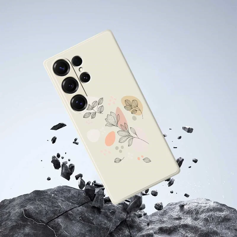 For Samsung Galaxy S25 Ultra Case Sketch Leaves Pattern Printing Straight Edge TPU Phone Back Cover - Beige