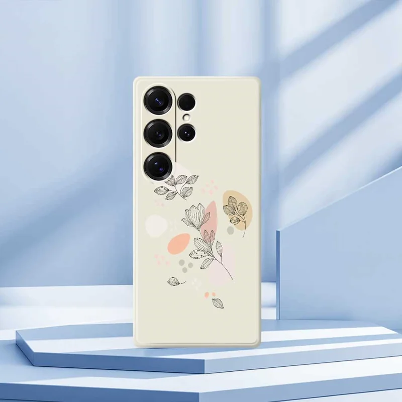 For Samsung Galaxy S25 Ultra Case Sketch Leaves Pattern Printing Straight Edge TPU Phone Back Cover - Beige