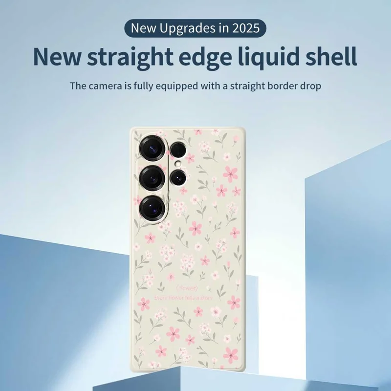 Cover per Samsung Galaxy S25 Ultra con Stampa di Piccoli Fiori, Bordo Dritto, Custodia Posteriore in TPU - Beige