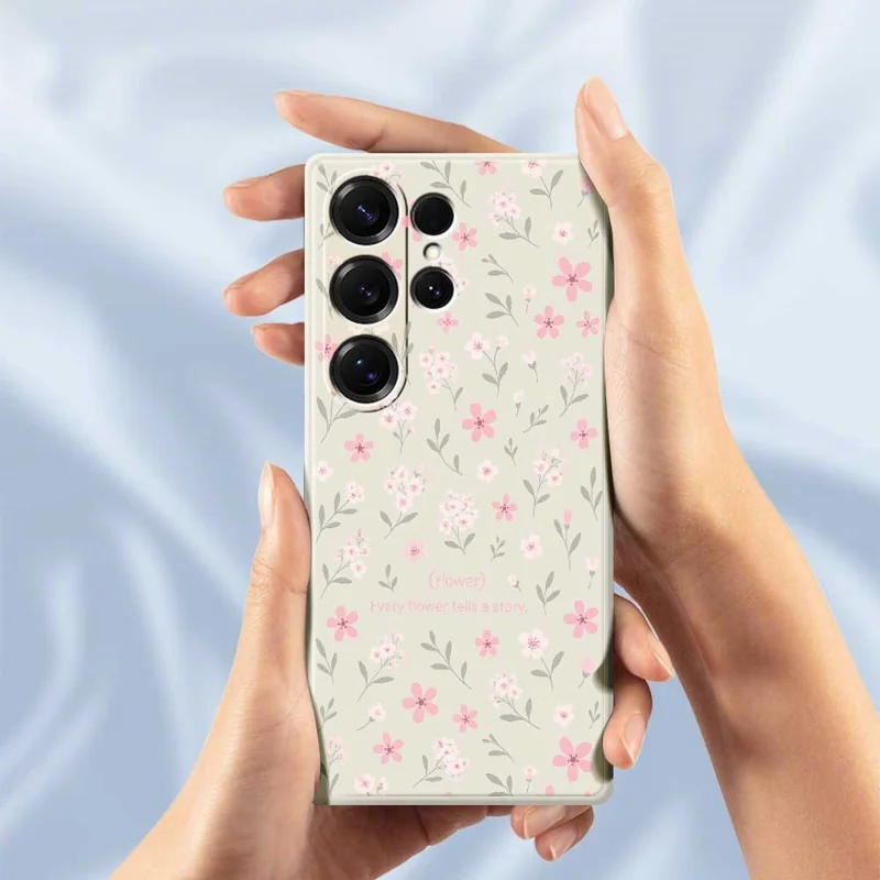Cover per Samsung Galaxy S25 Ultra con Stampa di Piccoli Fiori, Bordo Dritto, Custodia Posteriore in TPU - Beige