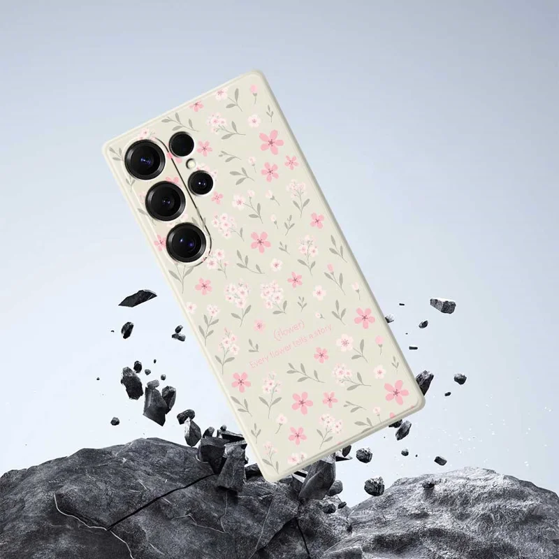 Cover per Samsung Galaxy S25 Ultra con Stampa di Piccoli Fiori, Bordo Dritto, Custodia Posteriore in TPU - Beige
