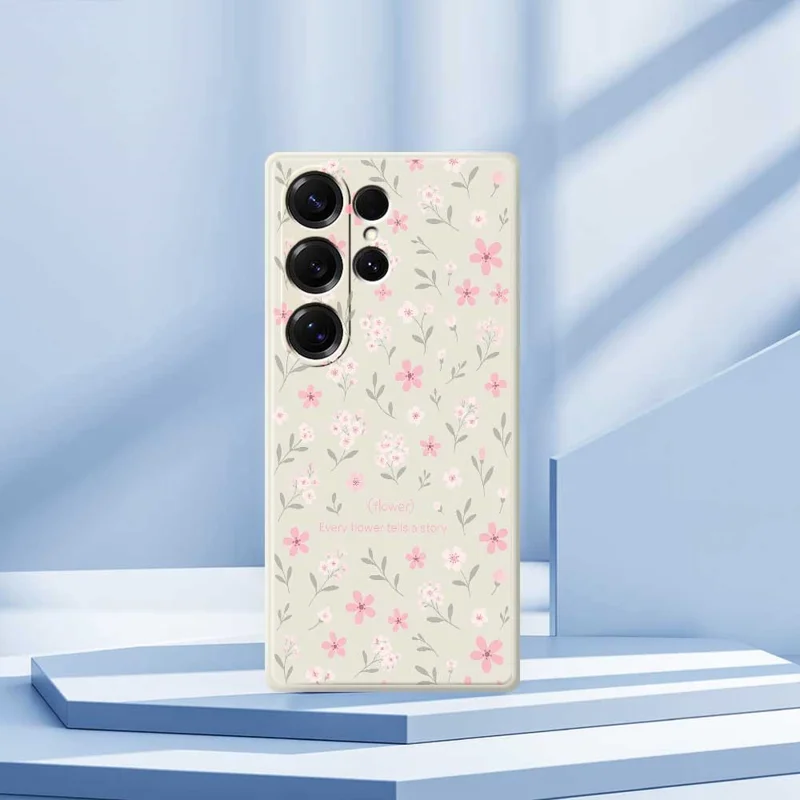 Cover per Samsung Galaxy S25 Ultra con Stampa di Piccoli Fiori, Bordo Dritto, Custodia Posteriore in TPU - Beige
