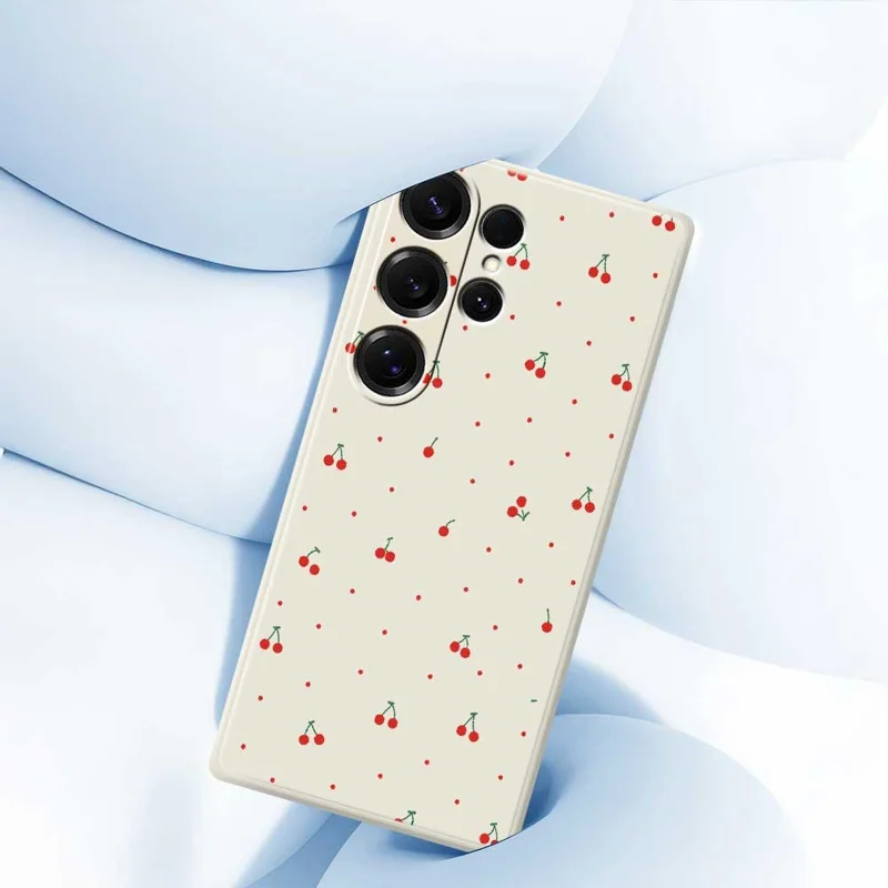 Чехол для Samsung Galaxy S25 Ultra с красным вишневым узором и прямыми краями - TPU накладка на заднюю панель телефона, бежевый