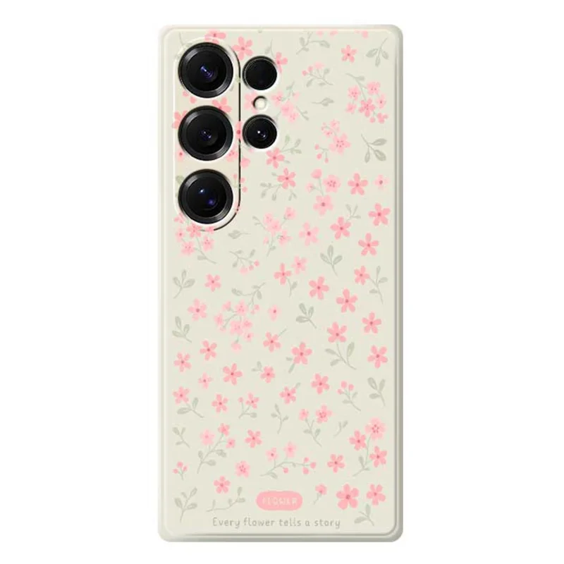 For Samsung Galaxy S25 Ultra Case Pink Small Flowers Pattern Printing Straight Edge TPU Phone Back Cover - Beige