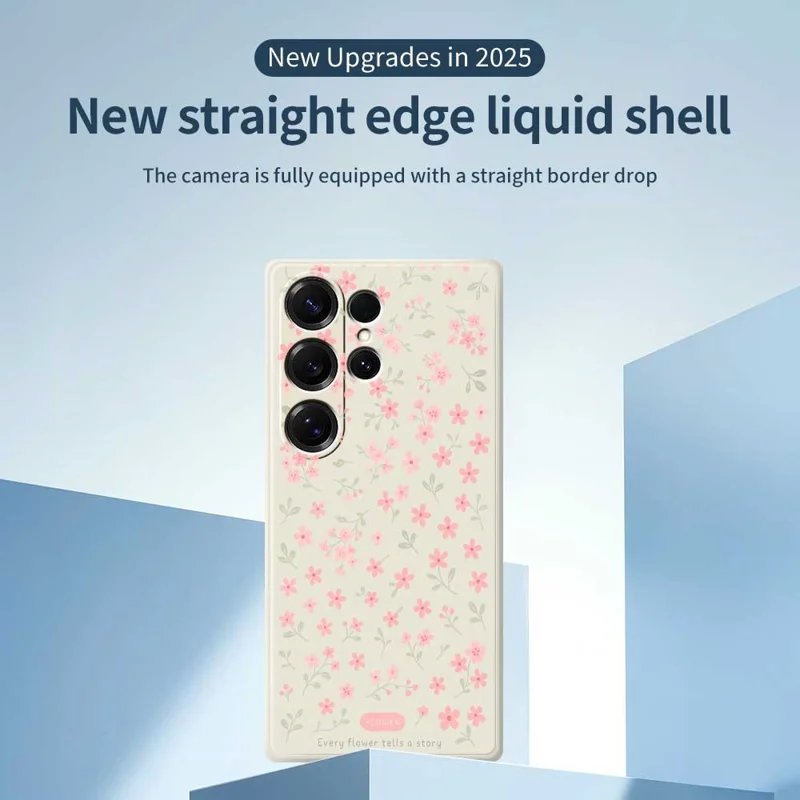 For Samsung Galaxy S25 Ultra Case Pink Small Flowers Pattern Printing Straight Edge TPU Phone Back Cover - Beige