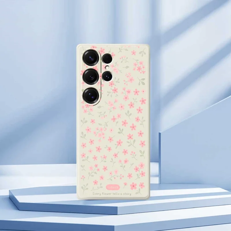 For Samsung Galaxy S25 Ultra Case Pink Small Flowers Pattern Printing Straight Edge TPU Phone Back Cover - Beige