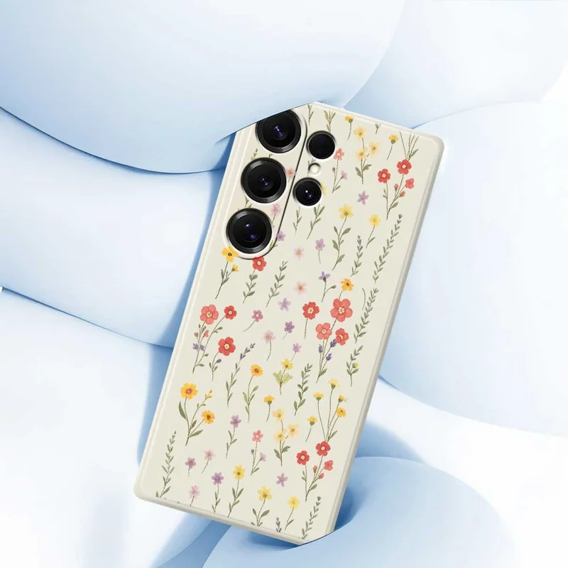 Für Samsung Galaxy S25 Ultra Hülle Blumen und Gras Muster Druck Gerader Rand TPU Handy Rückseite Schutzhülle - Beige