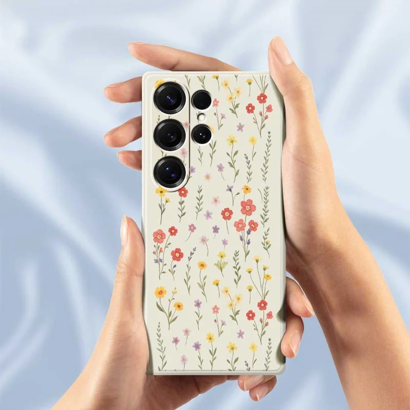 Für Samsung Galaxy S25 Ultra Hülle Blumen und Gras Muster Druck Gerader Rand TPU Handy Rückseite Schutzhülle - Beige