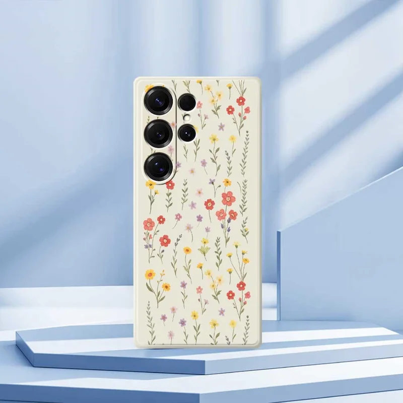 Für Samsung Galaxy S25 Ultra Hülle Blumen und Gras Muster Druck Gerader Rand TPU Handy Rückseite Schutzhülle - Beige