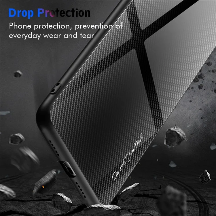 Tempered Glass+TPU Cell Phone Cover for Honor X8 5G, Carbon Fiber Texture Wear-resistant Phone Case - Black