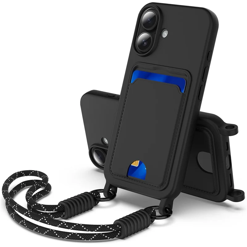 Bulk Purchasing For iPhone 16 Case Liquid Silicone Card Holder Phone Back Cover with Short Strap - Black