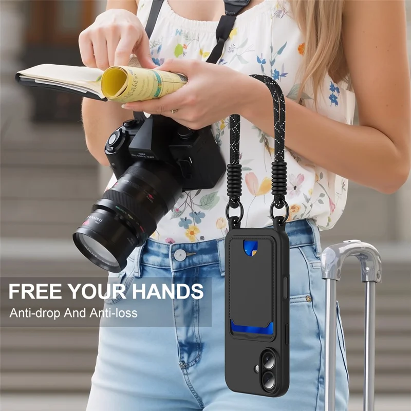 Bulk Purchasing For iPhone 16 Case Liquid Silicone Card Holder Phone Back Cover with Short Strap - Black