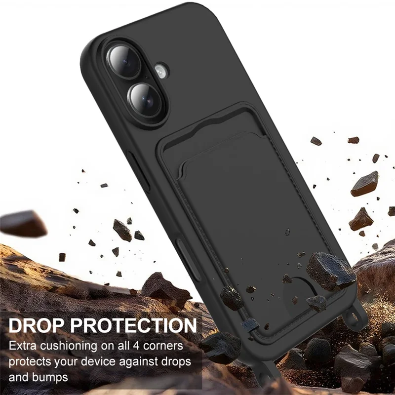 Bulk Purchasing For iPhone 16 Case Liquid Silicone Card Holder Phone Back Cover with Short Strap - Black
