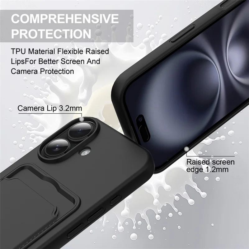 Bulk Purchasing For iPhone 16 Plus Case Liquid Silicone Card Holder Phone Back Cover with Short Strap - Black