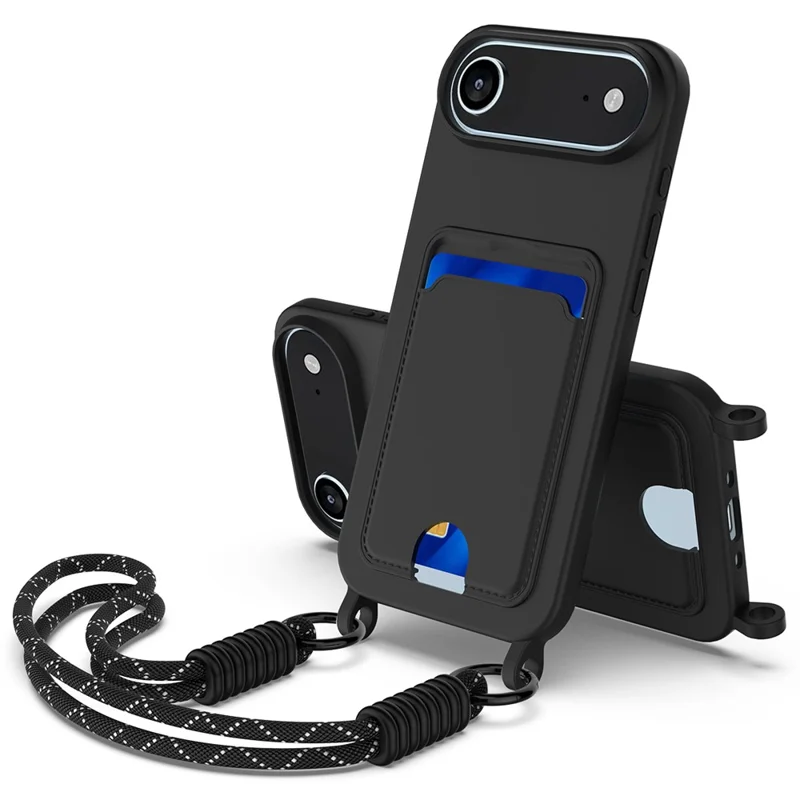 Bulk Purchasing For iPhone 17 Air Case Liquid Silicone Card Holder Phone Back Cover with Short Strap - Black