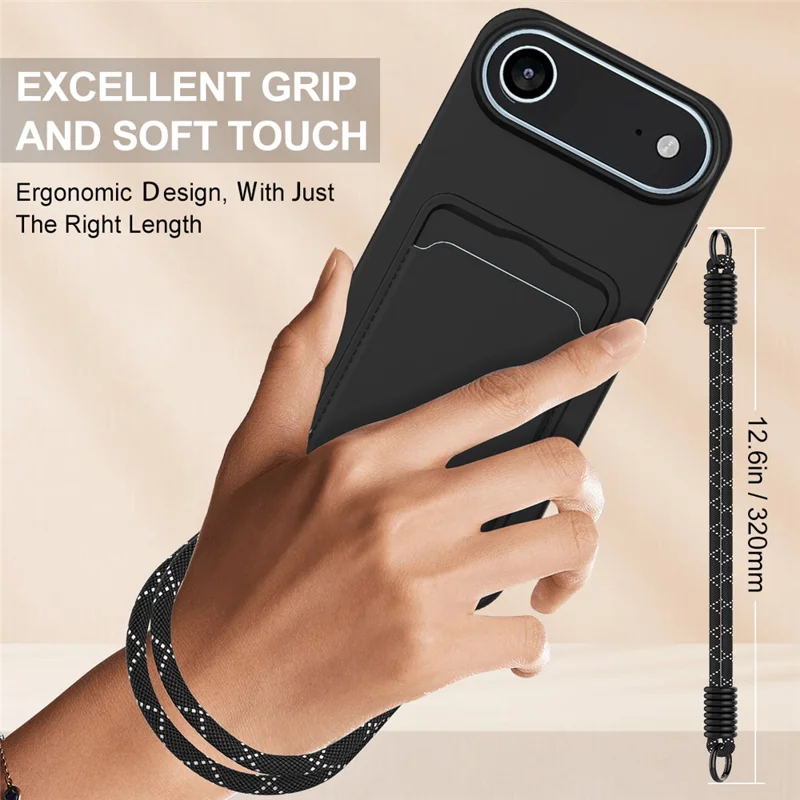 Bulk Purchasing For iPhone 17 Air Case Liquid Silicone Card Holder Phone Back Cover with Short Strap - Black
