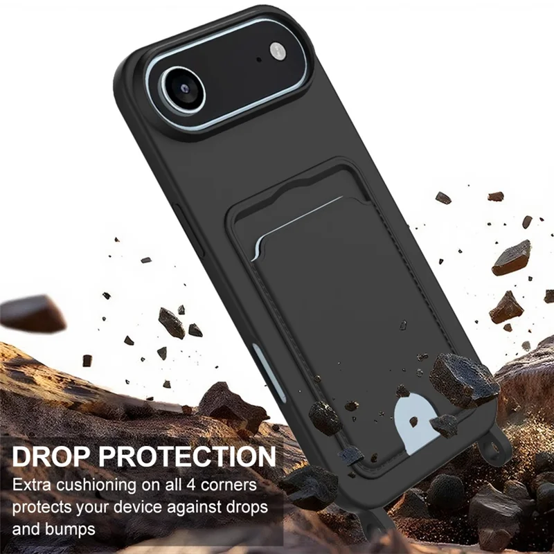 Bulk Purchasing For iPhone 17 Air Case Liquid Silicone Card Holder Phone Back Cover with Short Strap - Black