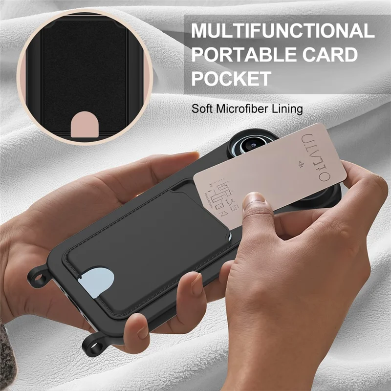 Bulk Purchasing For iPhone 17 Air Case Liquid Silicone Card Holder Phone Back Cover with Short Strap - Black