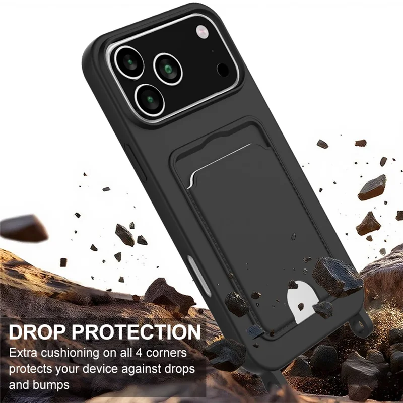 Bulk Purchasing For iPhone 17 Pro Case Liquid Silicone Card Holder Phone Back Cover with Short Strap - Black