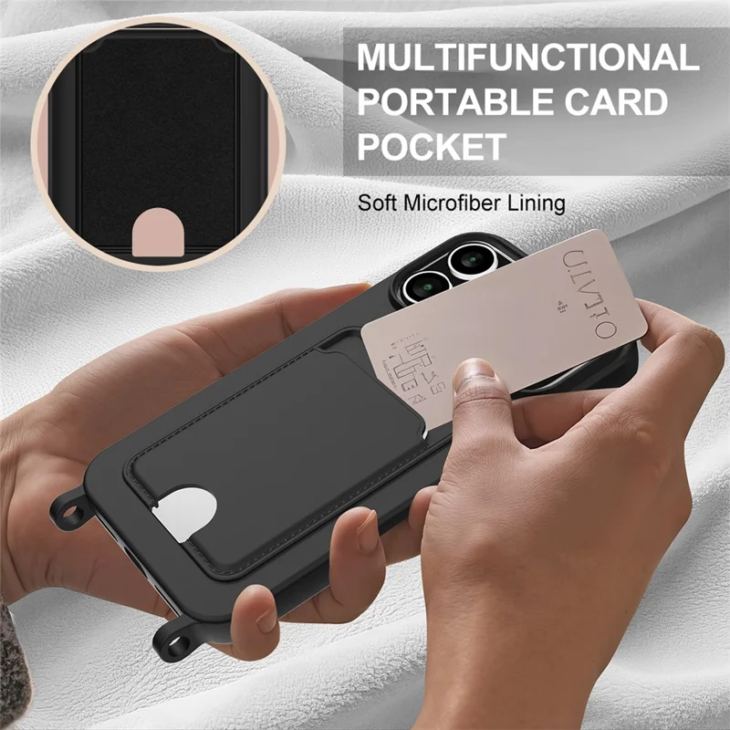 Bulk Purchasing For iPhone 17 Pro Case Liquid Silicone Card Holder Phone Back Cover with Short Strap - Black