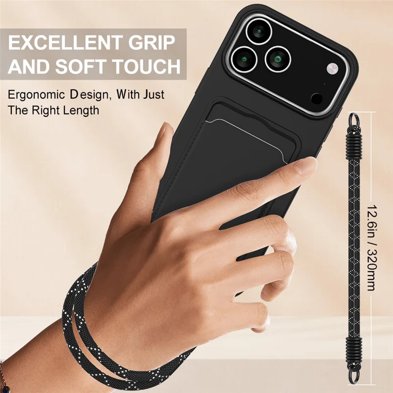 Bulk Purchasing For iPhone 17 Pro Max Case Liquid Silicone Card Holder Phone Back Cover with Short Strap - Black