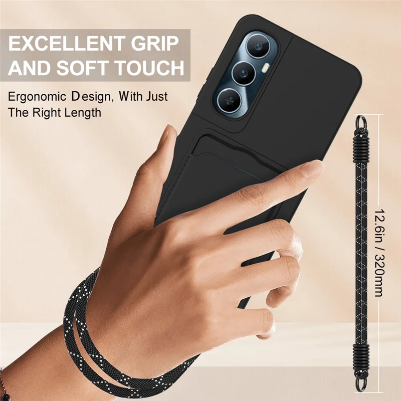 Bulk Purchasing For Realme C65 4G Case Liquid Silicone Card Holder Phone Back Cover with Short Strap - Black