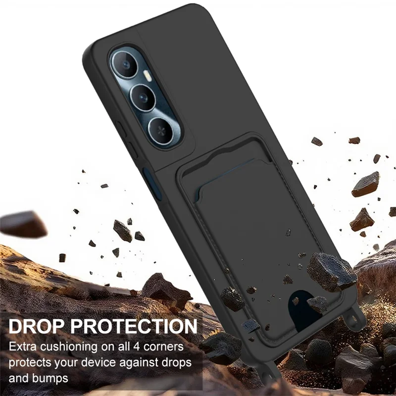 Bulk Purchasing For Realme C65 4G Case Liquid Silicone Card Holder Phone Back Cover with Short Strap - Black