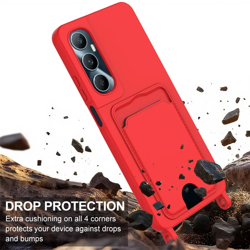 Bulk Purchasing For Realme C65 4G Case Liquid Silicone Card Holder Phone Back Cover with Short Strap - Red