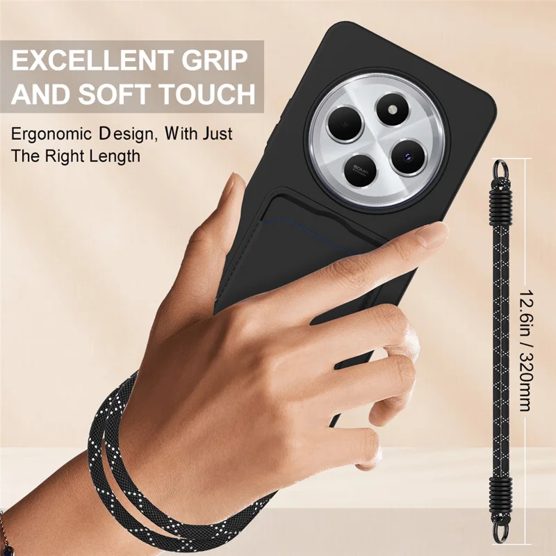 Bulk Purchasing Liquid Silicone Case with Short Strap For Xiaomi Redmi 14C 4G  /  14R 5G  /  A3 Pro 4G  /  A4 5G  /  Poco C75 4G  /  5G  /  Poco M7 5G - Black