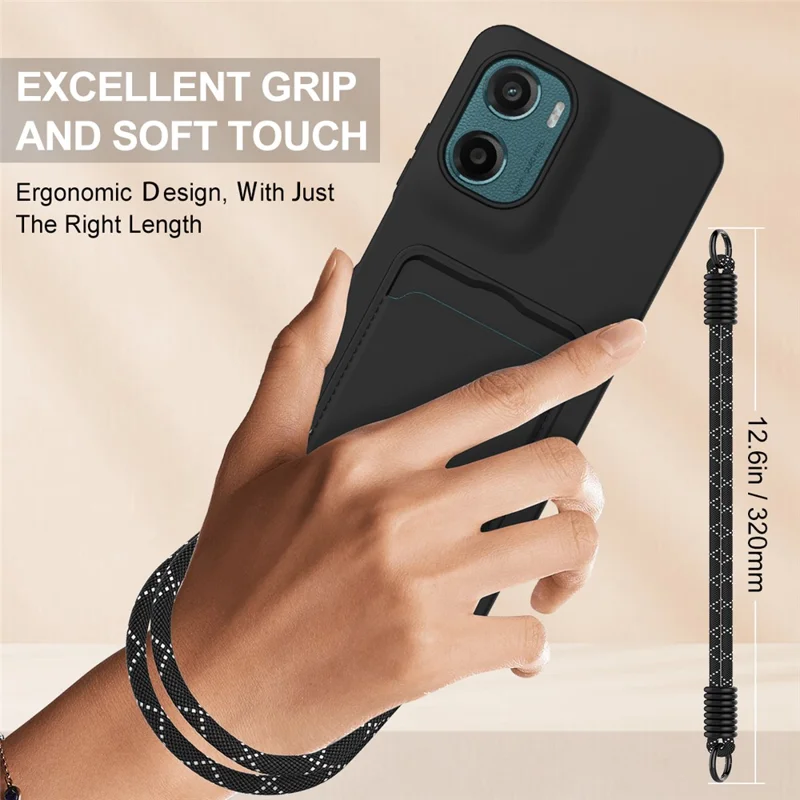 Compra em Massa para Motorola Moto G05 4G / E15 4G Case Silicone Líquido Suporte para Cartão Capa Traseira do Telefone com Alça Curta - Preto