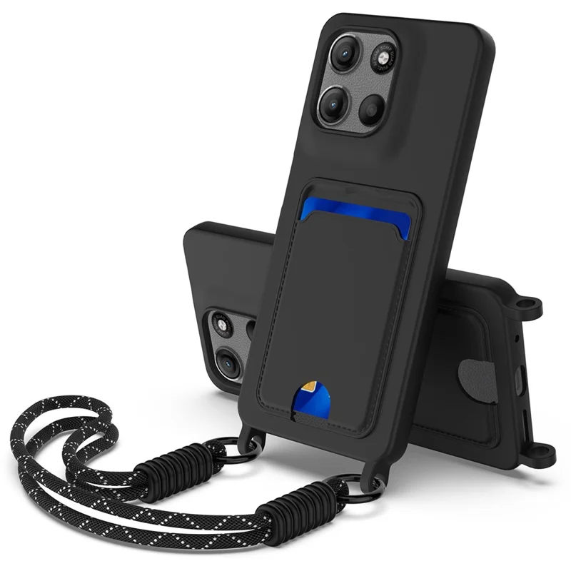 Achat en gros pour Motorola Moto G15 Power 4G / G15 4G Étui en silicone liquide avec porte-carte, coque arrière de téléphone avec courte dragonne - Noir