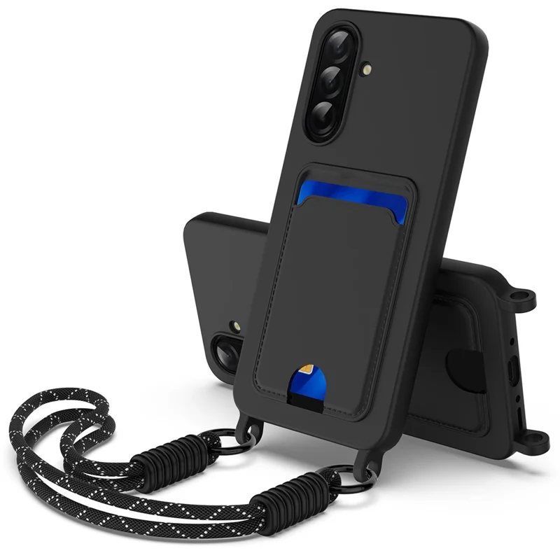 Bulk Purchasing For Samsung Galaxy A56 5G  /  A36 5G Case Liquid Silicone Card Holder Phone Back Cover with Short Strap - Black